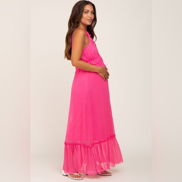 Pinkblush chiffon hot pink ruffle trim maxi dress nwt - Picture 4 of 5